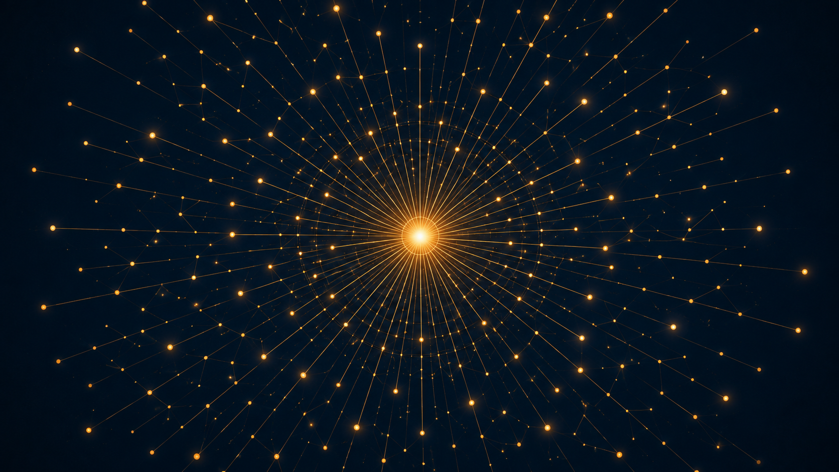 A radial network of glowing connections expanding outward from a central node — the surface area of discovery