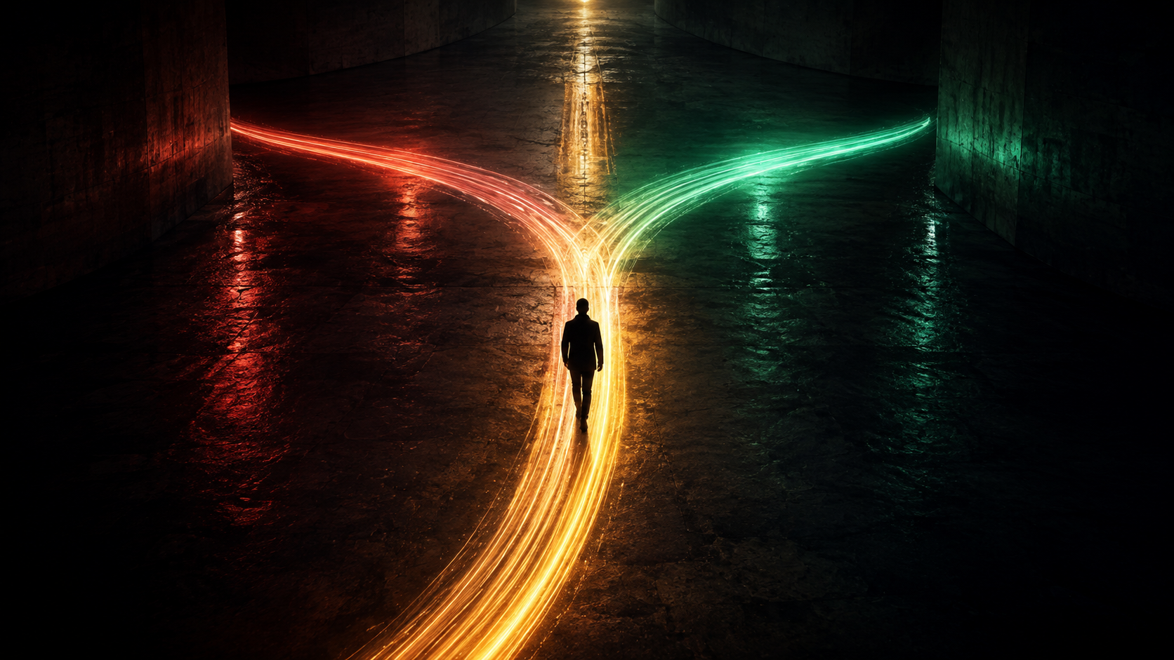 Three distinct paths diverging from a single point of light — representing the system phase where manual work splits into repeatable processes