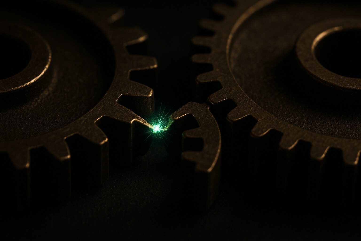 Two brass gears whose teeth no longer mesh, a green spark flaring where they grind