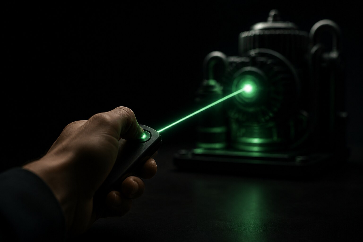 A human hand holds a controller emitting a green beam of light toward a working machine, showing that command and accountability stay with the person, not the tool.