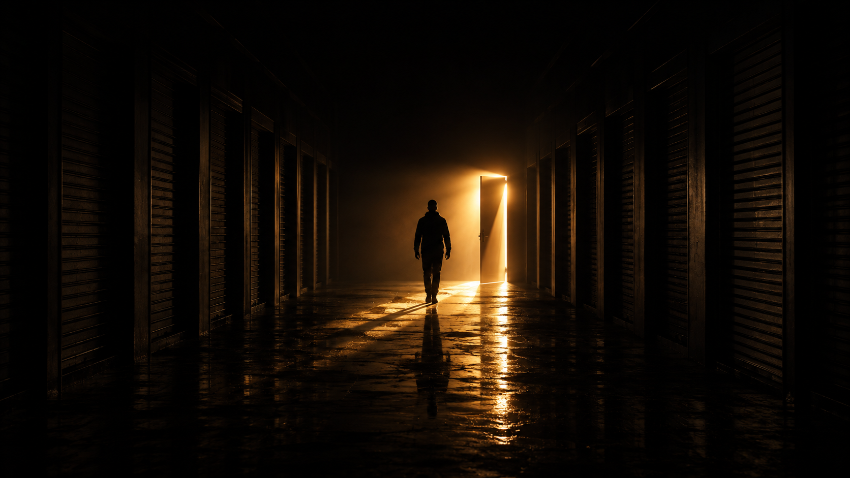 A dark corridor of closed doors with a single open door spilling warm light, a lone figure walking toward it