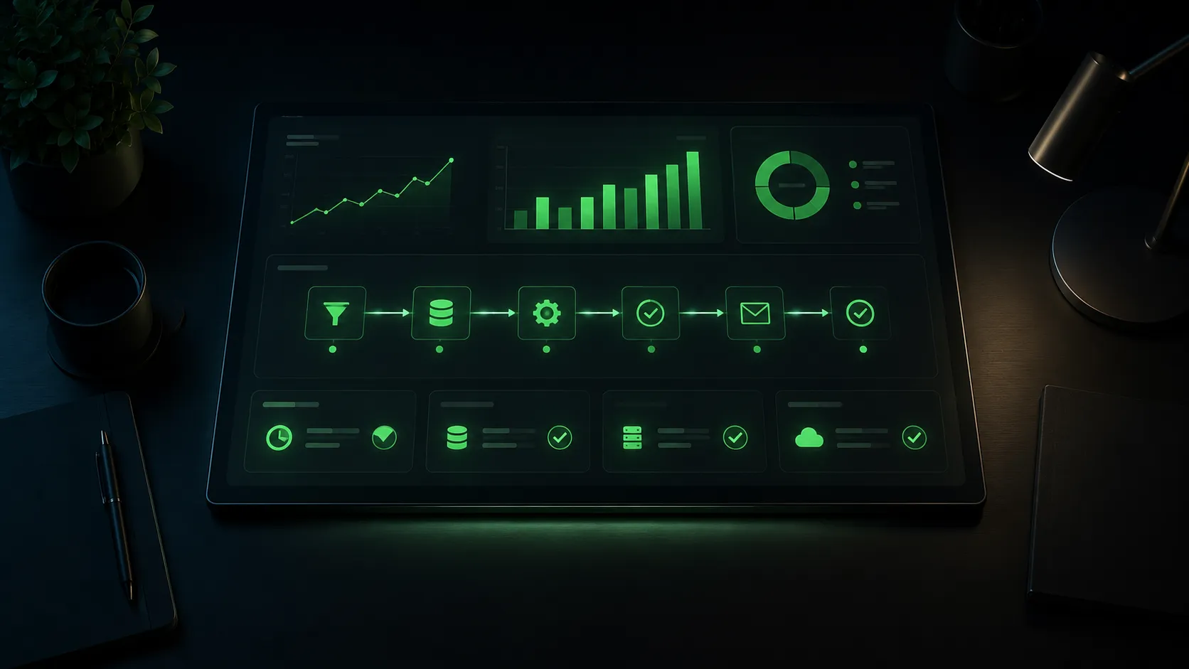 A clean business dashboard showing automated workflows and real-time metrics
