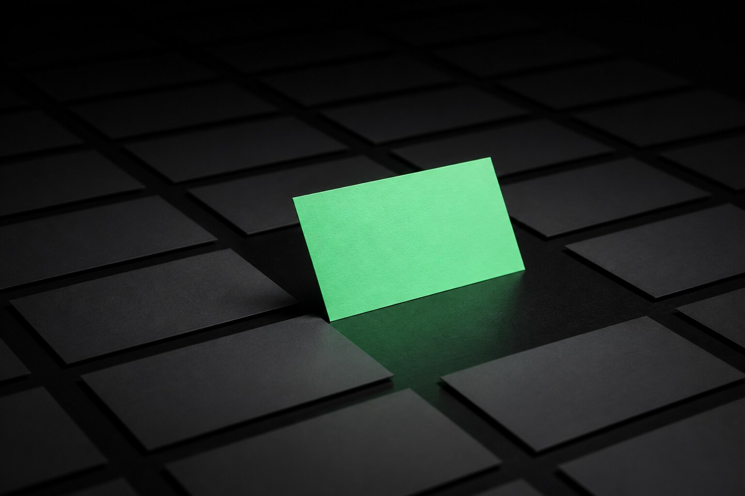 A field of grey listing cards with one card glowing green and stepping forward