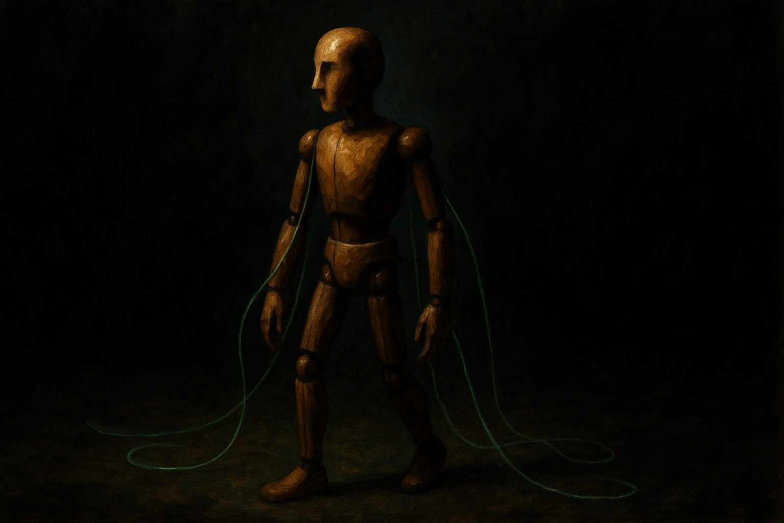 A wooden marionette standing on its own feet, its control strings cut and glowing green on the floor