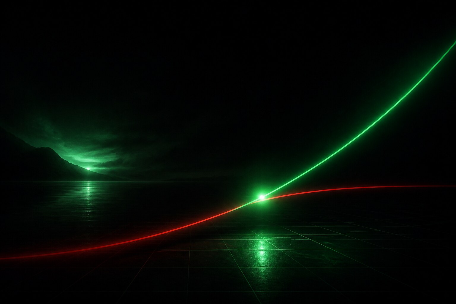 Two curves — costs and revenue — crossing at a single glowing green point, the break-even crossover
