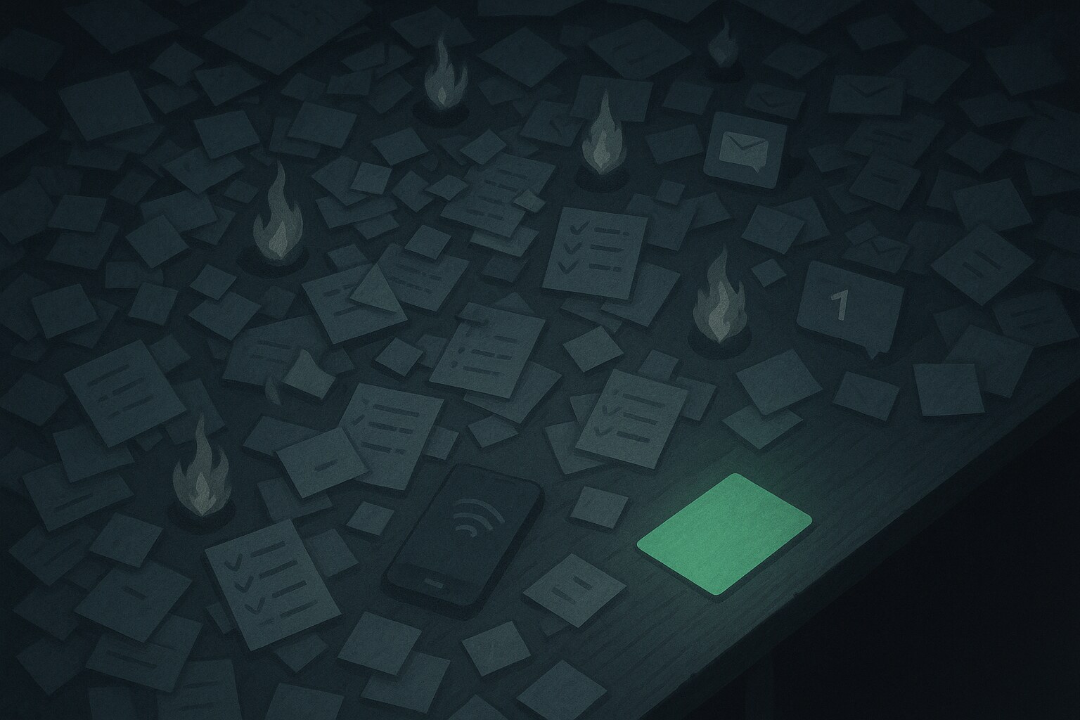 A desk packed with dozens of frantic grey tasks, with one glowing green card — the thing that matters — pushed to the edge, avoided