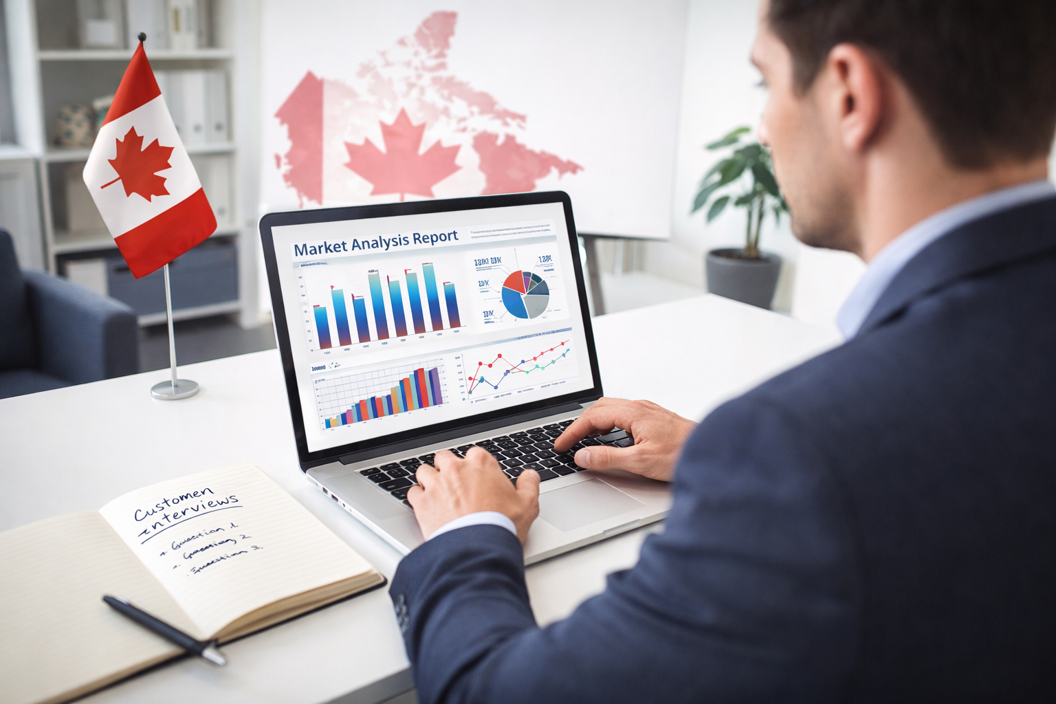 Business person conducting market research and validation for Canadian business idea