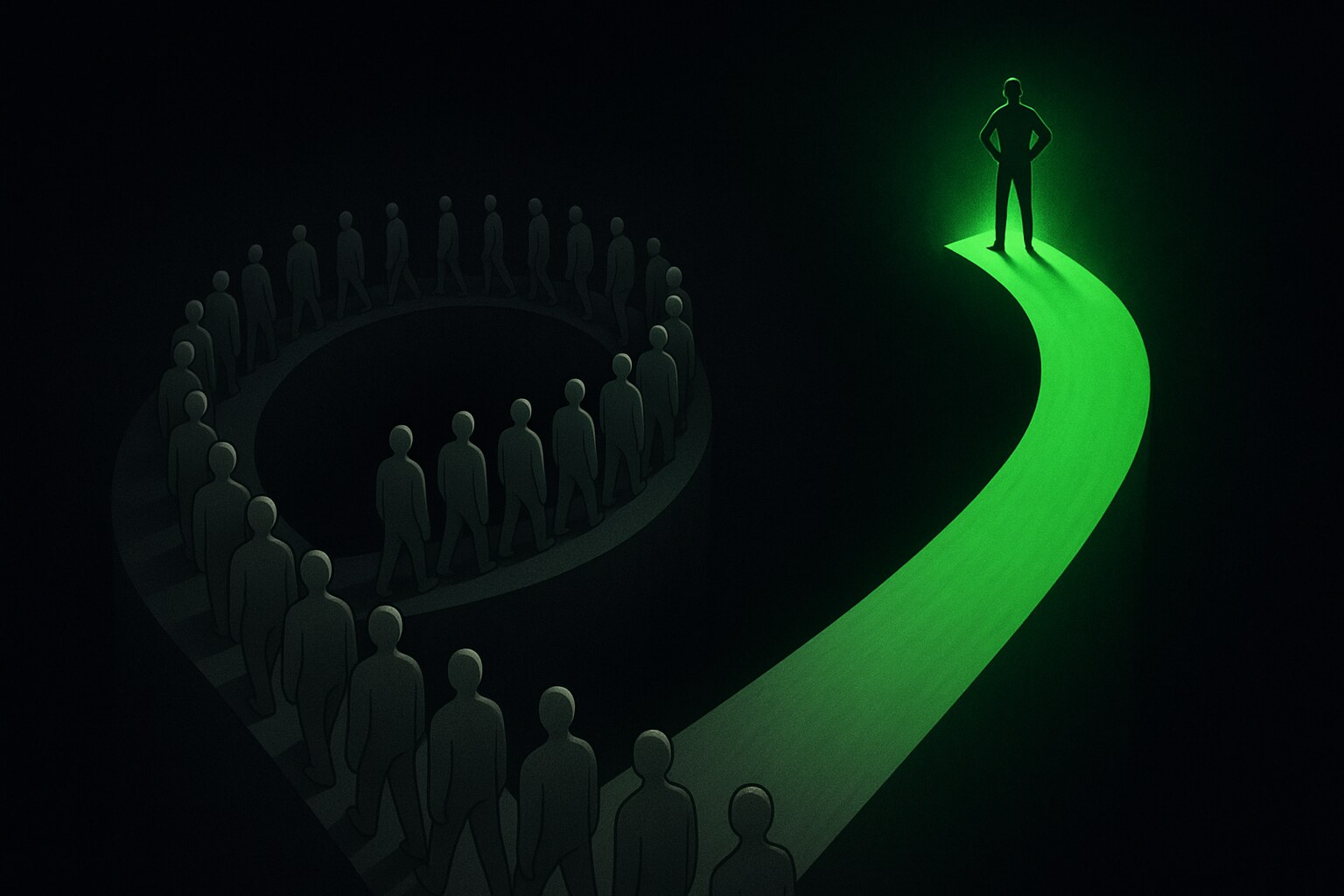 Two diverging paths: one spirals grey downward toward zero crowded with identical figures, the other rises alone and green toward a single client who chooses instead of compares