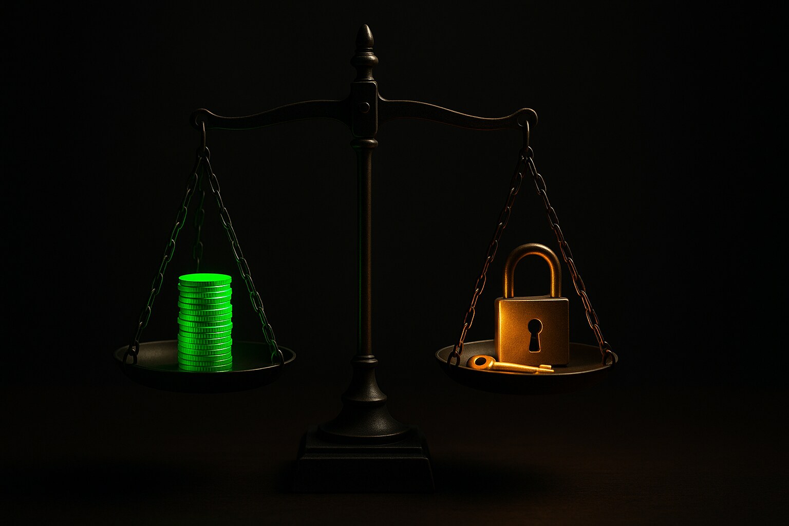 A balance scale with a glowing stack of coins on one side and a key beside an open padlock on the other, perfectly level
