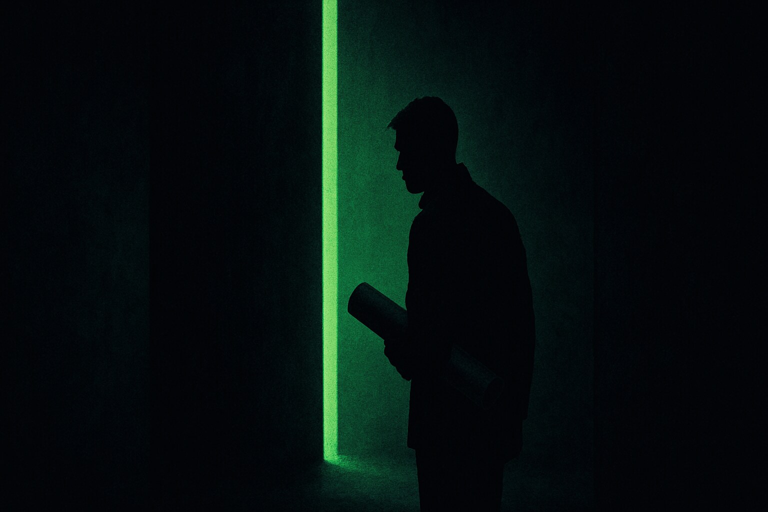 A silhouetted figure holding a rolled-up plan stands outside a doorway of green light that is closing to a sliver