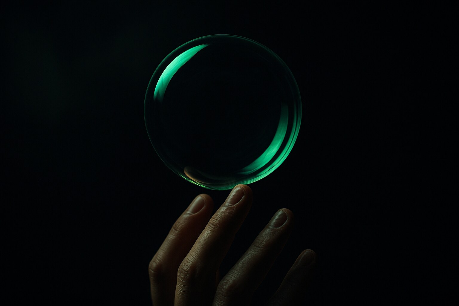 A fragile green soap bubble held intact just above a fingertip, against a dark background