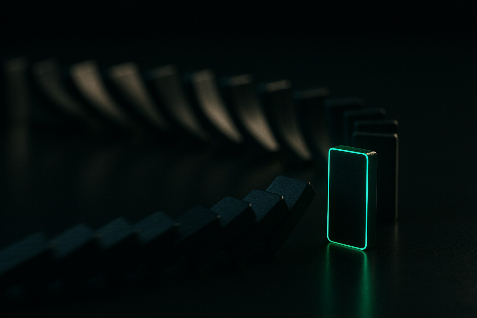A single green domino standing upright and unmoved while a long row of black dominoes topples around it