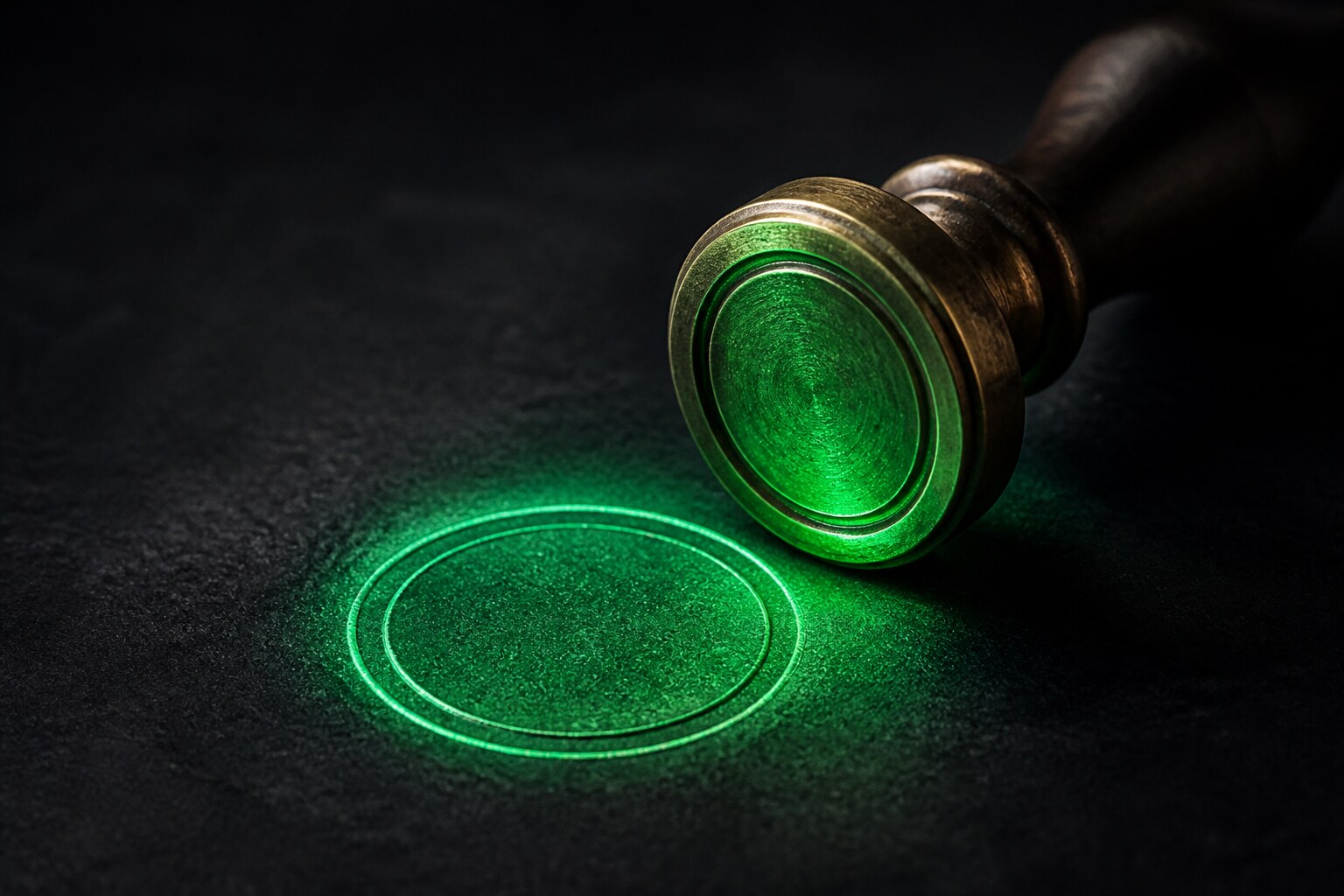 A brass seal stamp resting beside its freshly pressed glowing green circular imprint on a dark surface, symbolizing openly putting your name on your work and owning it on purpose