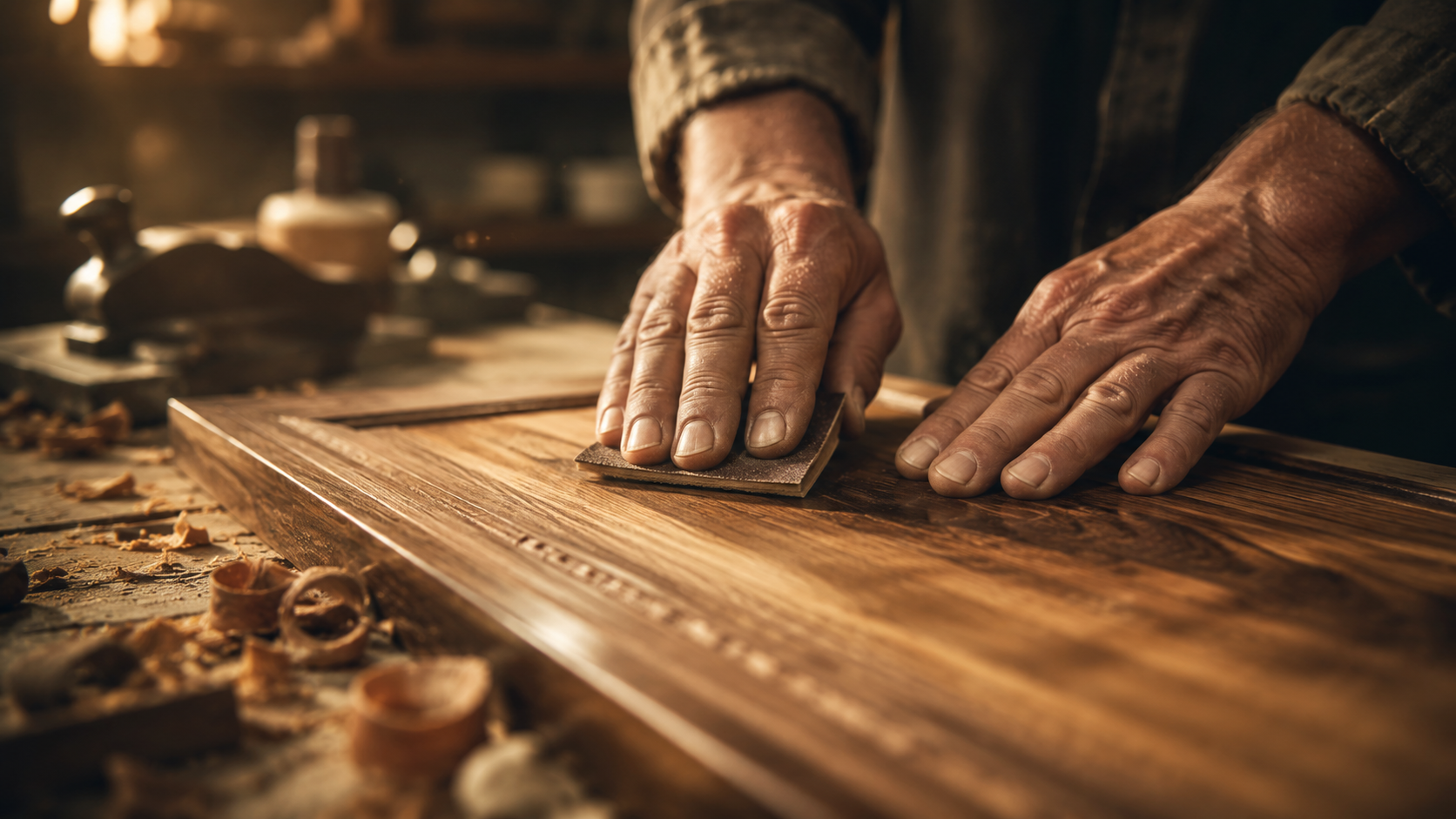 Hands restoring a wooden surface — the care economy in action