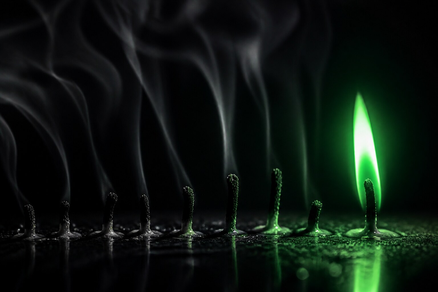 A row of extinguished, smoking candle wicks on a black surface with a single wick still burning a bright emerald-green flame, symbolizing the one business that keeps its lights on while others go dark