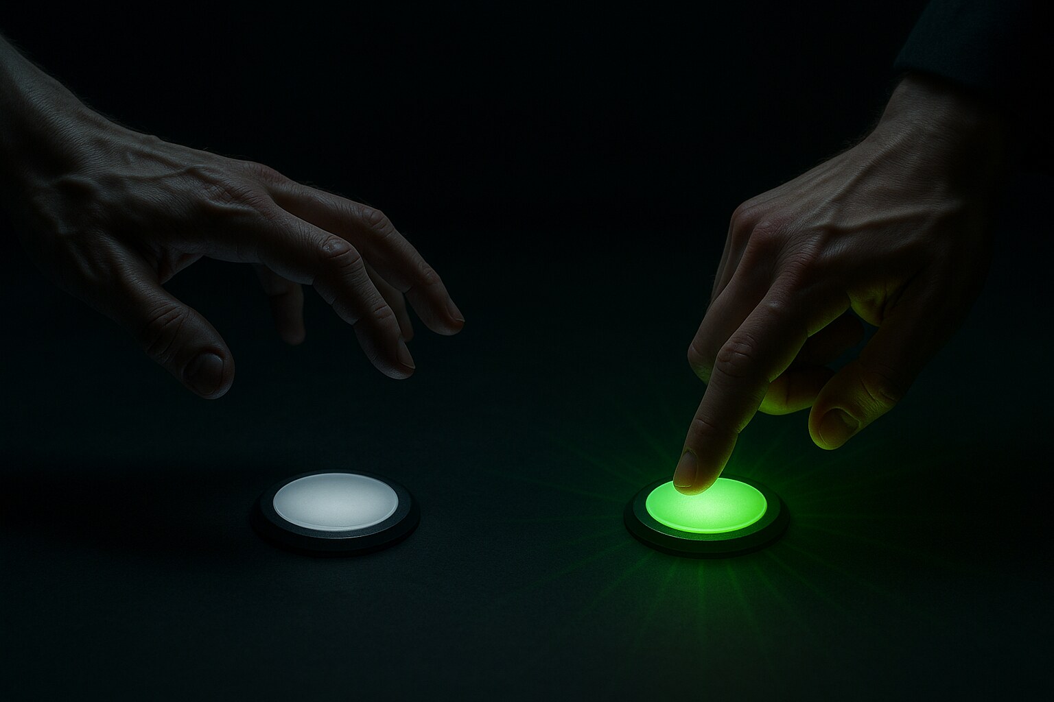 Two hands: one hesitating over a dim button, one firmly pressing a glowing green button