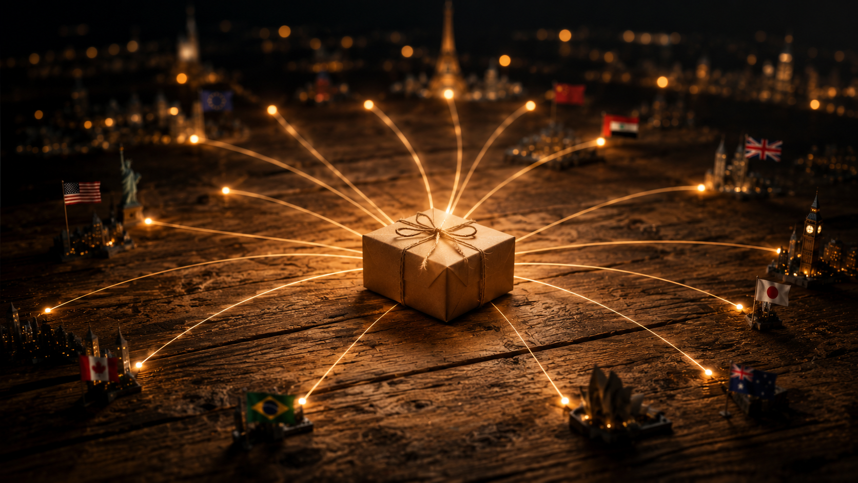 A package on a rustic counter with golden threads connecting to destinations worldwide — local business, global reach
