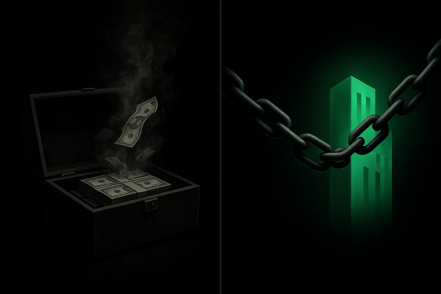 A chest of cash evaporating into grey dust on one side; a shrinking chain of debt above a rising green asset on the other — the quiet transfer inflation runs.
