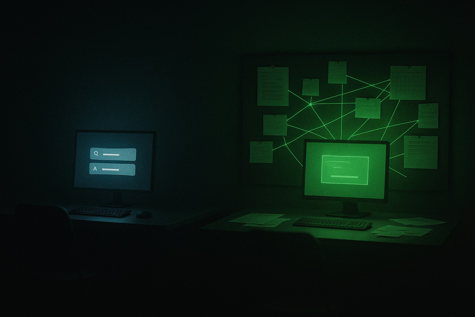 Two desks in the dark: one cold isolated screen showing a single question and answer, one green screen surrounded by a web of connected notes, calendar, and history