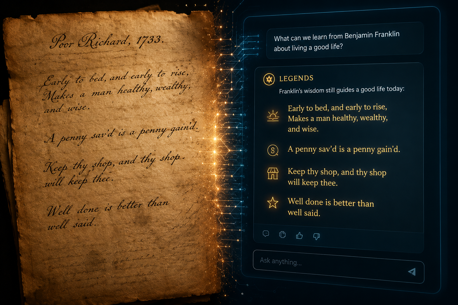 Ancient manuscript text flowing into a modern AI chat interface
