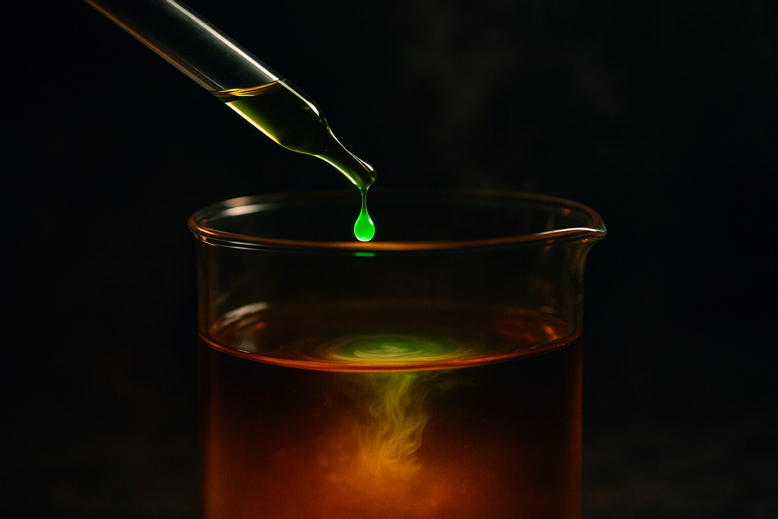 A single luminous green droplet entering a beaker of amber liquid, revealing brighter light where it reacts