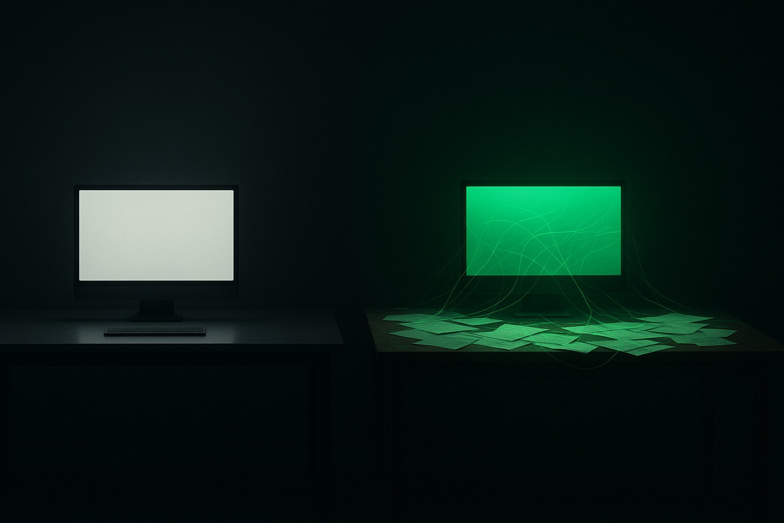 Two desks in the dark: one with a cold blank screen, one glowing green with connected notes representing accumulated memory