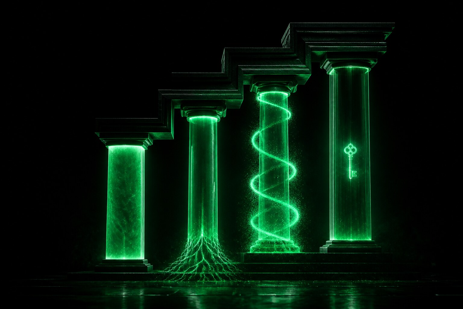 Four pillars of green light in ascending heights on black: a solid pillar (Identity), one rooted to the ground (kNowledge), one wrapped in an accumulating spiral (Memory), and one holding a glowing key within reach (Disclosure) — the four capabilities of the M.I.N.D. Standard.