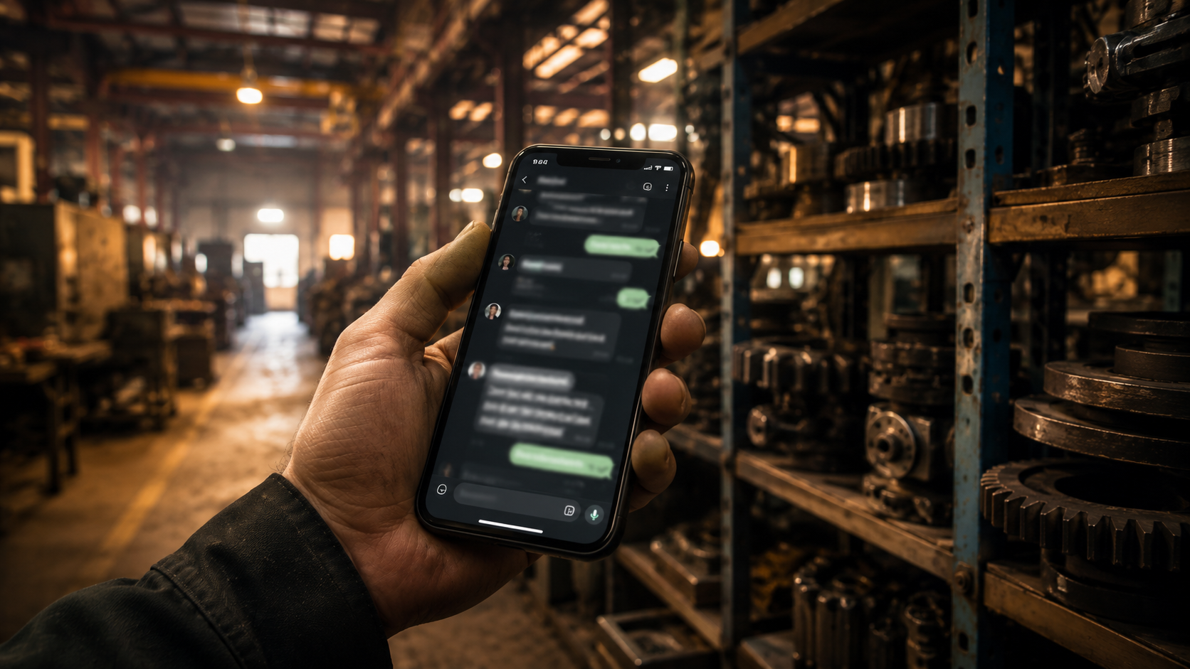 A smartphone with a chat conversation against an industrial backdrop — the bridge between physical industry and digital speed