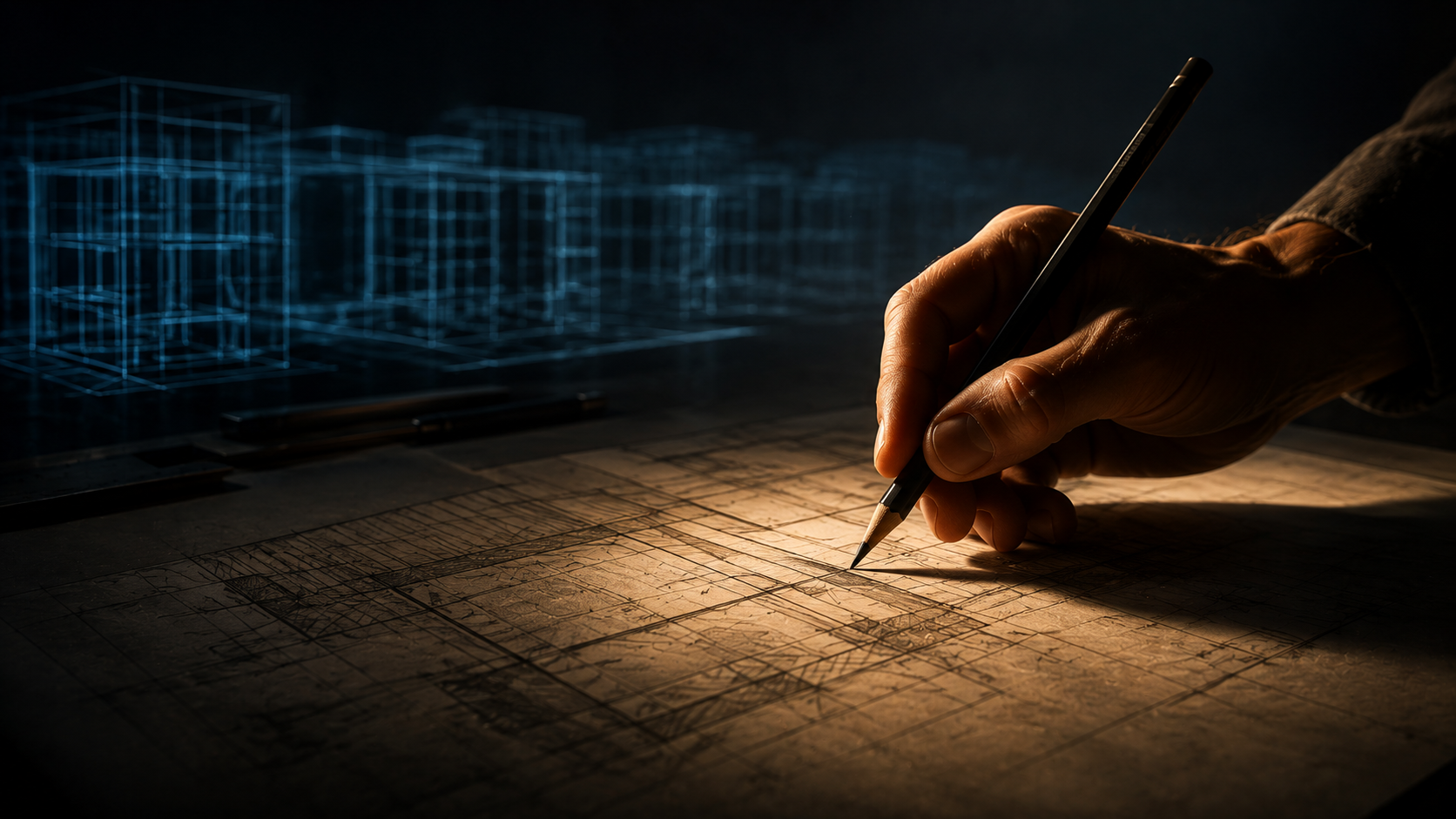 A human hand drawing a deliberate pencil line on blueprint paper while cold auto-generated wireframes glow lifeless in the background