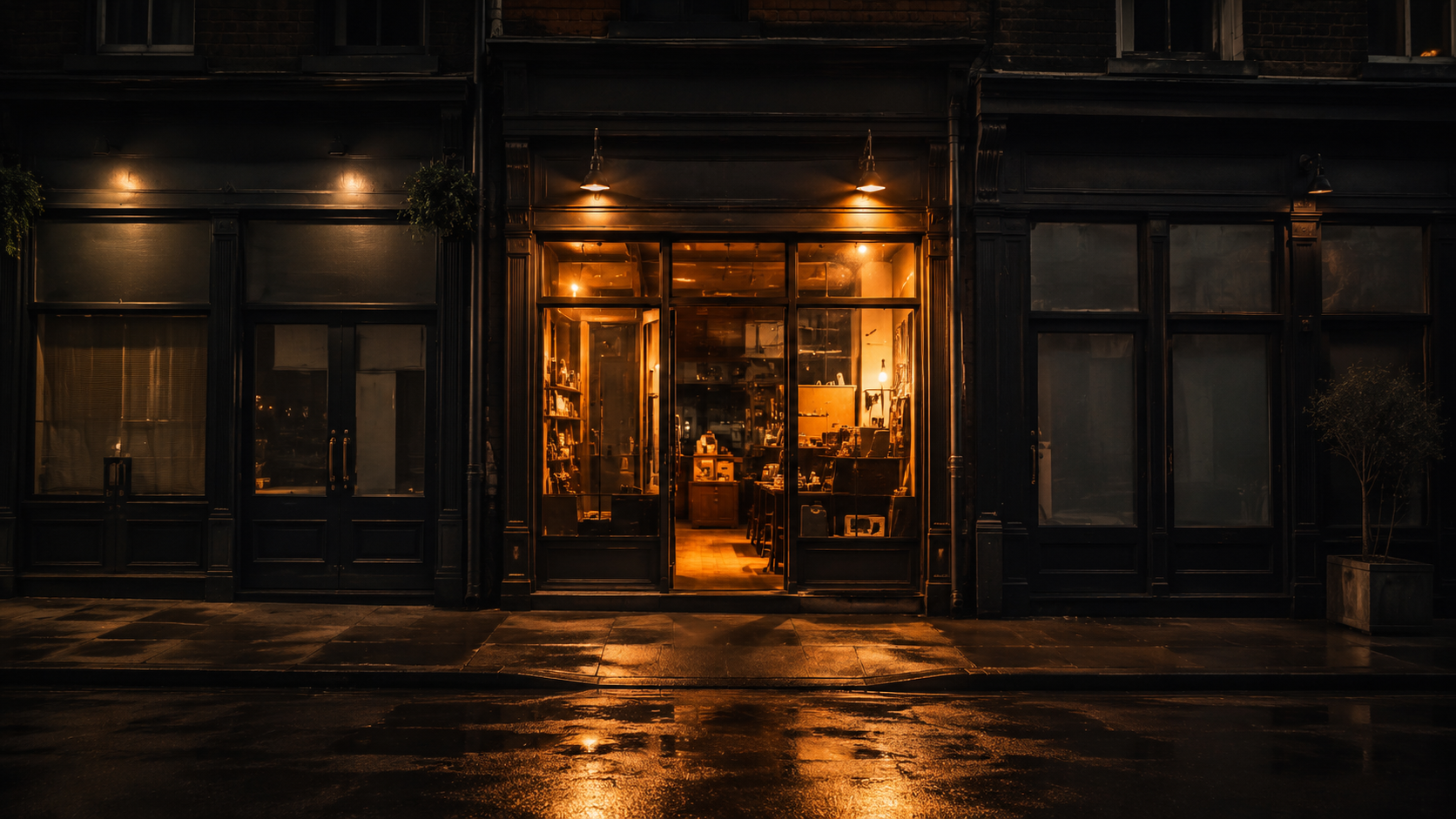 A single warmly-lit storefront on a dark street — the visual metaphor of being chosen