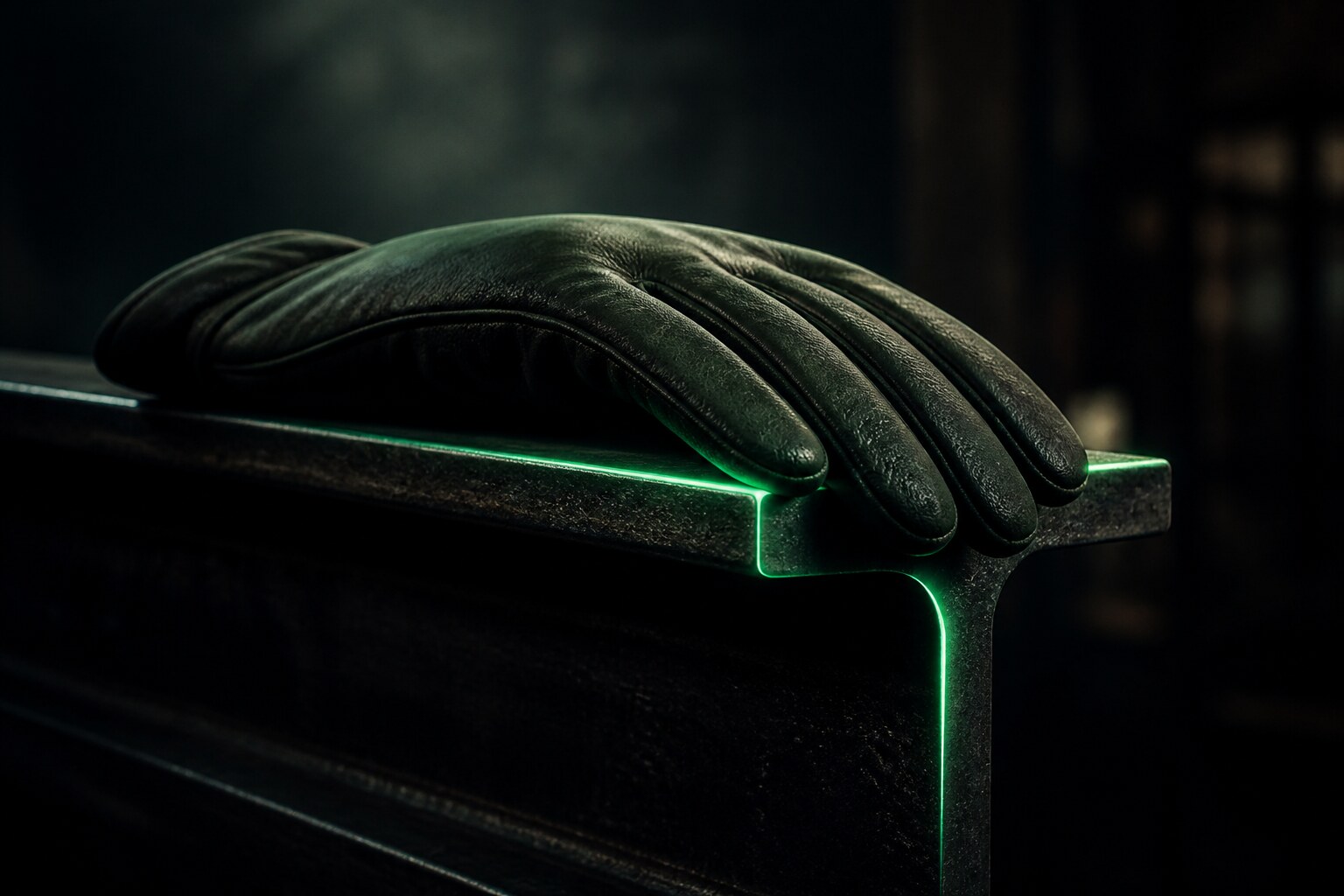 A soft padded glove resting on a hard steel beam traced with a thin green line of light — softness over structure