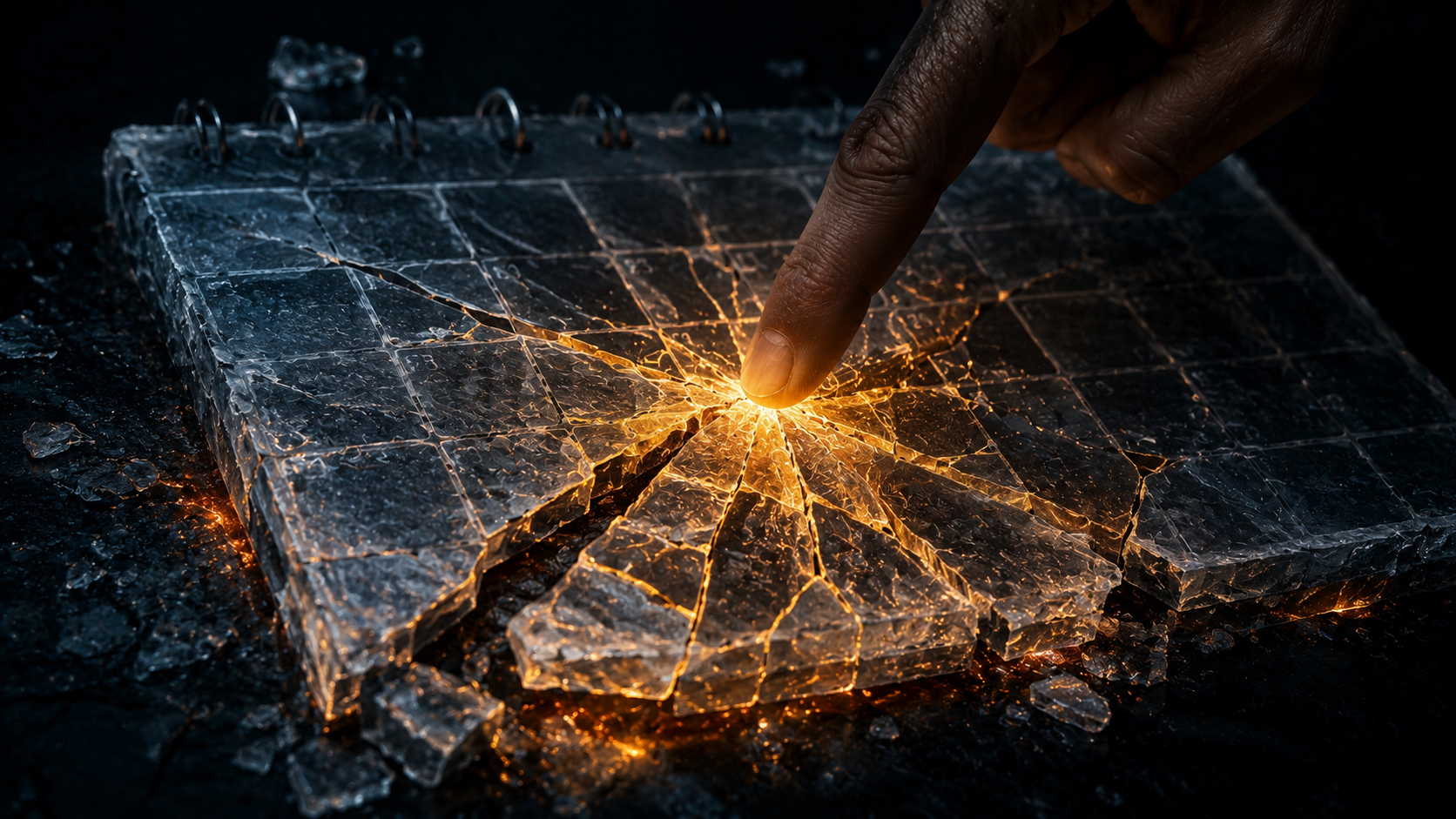 A calendar made of thin ice cracking from a point of pressure, warm amber light bleeding through the fractures from below