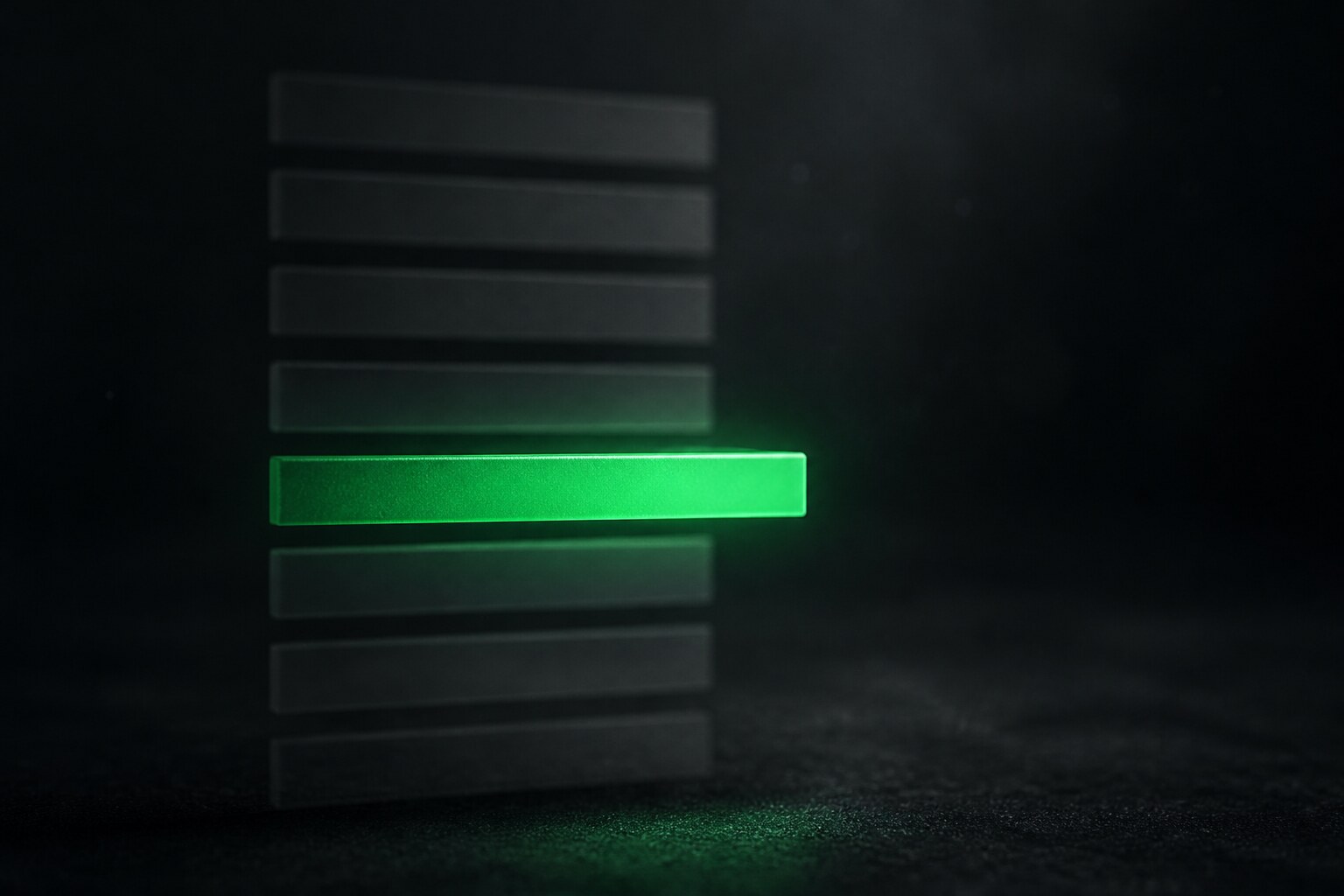 Ten dim grey list rows fading into shadow while one glows emerald green and steps forward