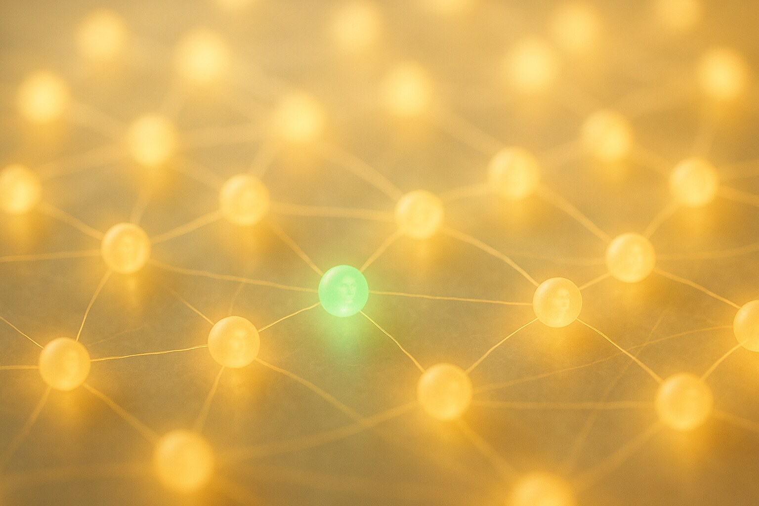 A distributed field of warm glowing memory-nodes connected by light, one node glowing green