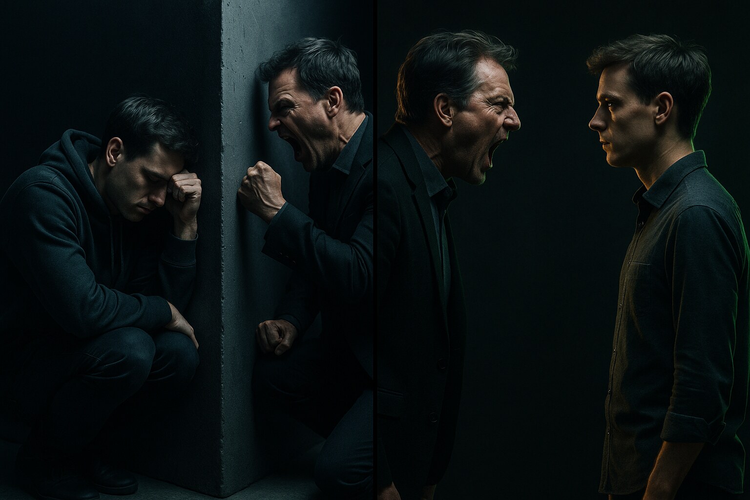 Split image: an employee protected behind a wall as a client shouts, versus the same person alone facing the client with no wall