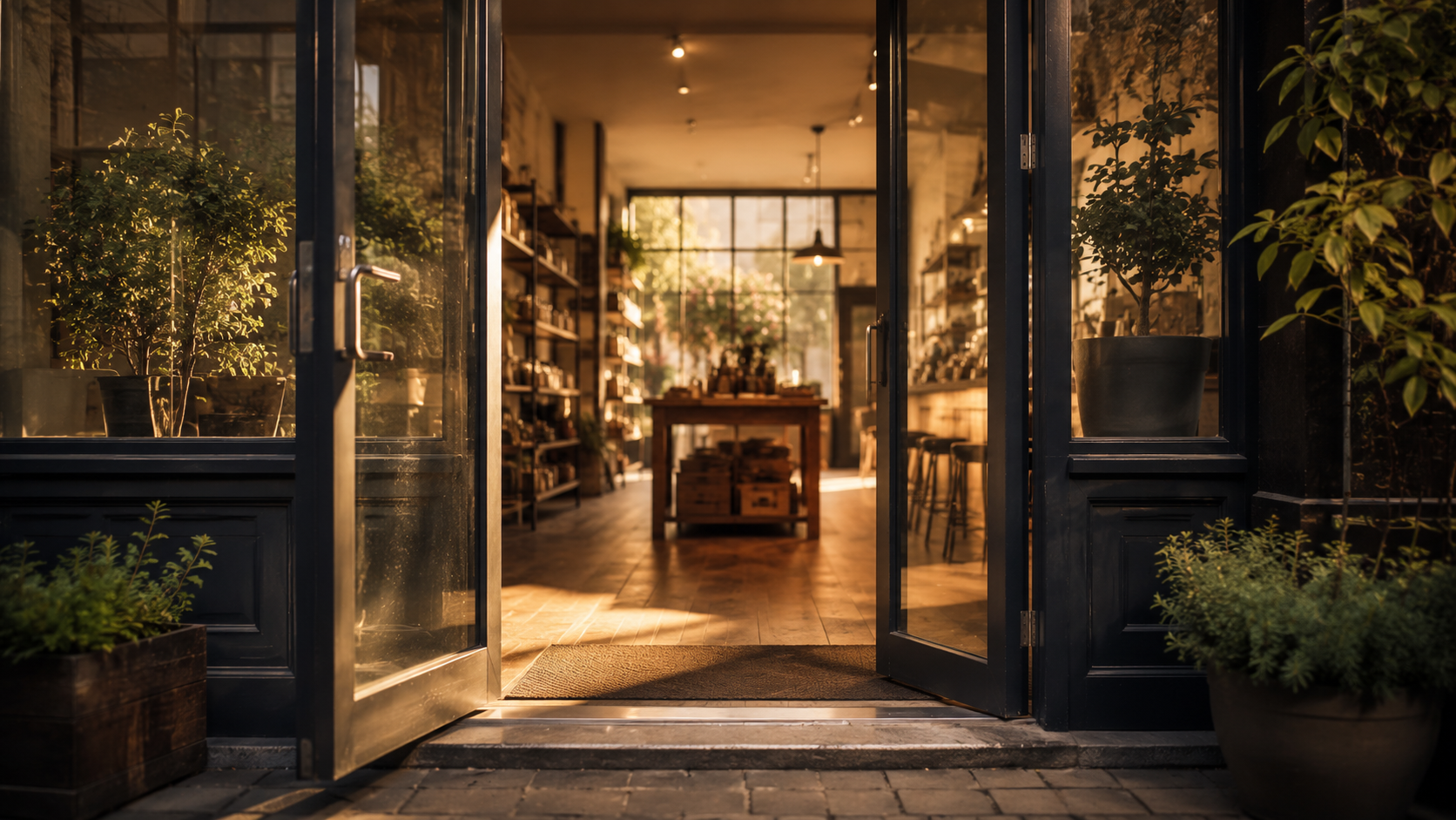 Open glass storefront with warm natural light streaming in — transparency as business strategy