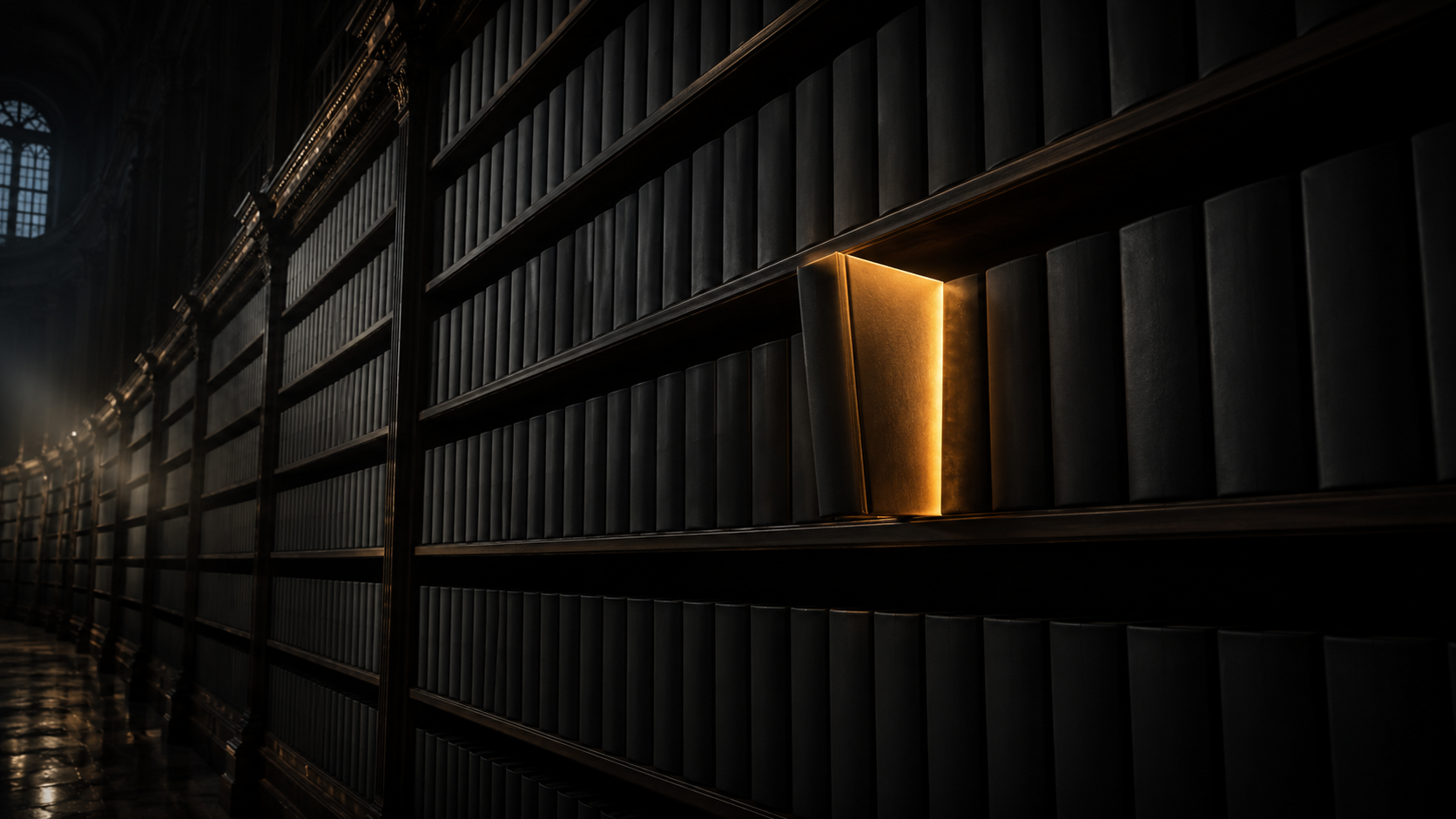 A library of identical blank-spined books with a single gold-glowing volume pulled halfway out — the one original among thousands of copies