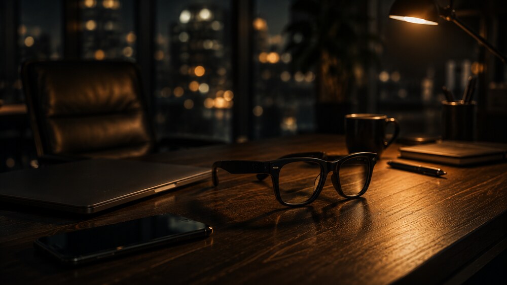 Smart glasses resting on a founder's desk at night beside a closed laptop