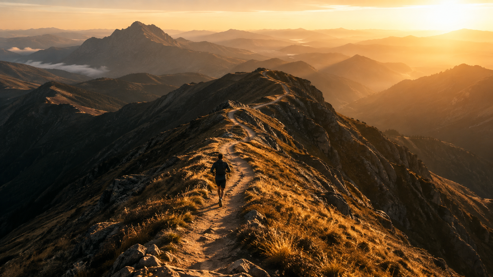 Solo trail runner on a mountain ridge at dawn — moving forward with purpose