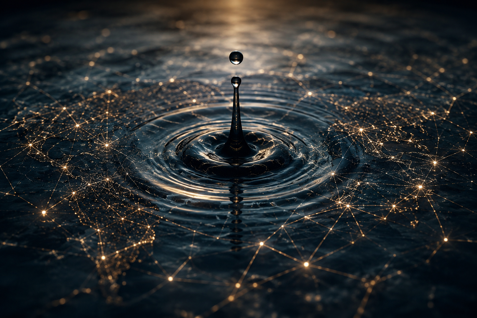 One drop of ink hitting water — ripples forming an infinite network. The content engine in motion.