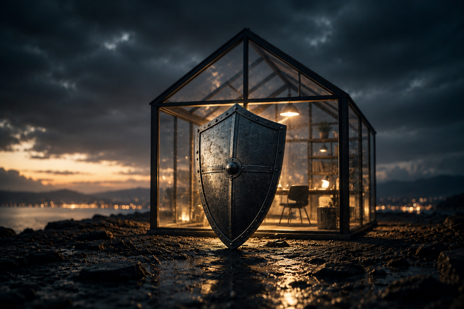 A shield protecting a fragile glass structure — simple legal protection guarding everything you've built