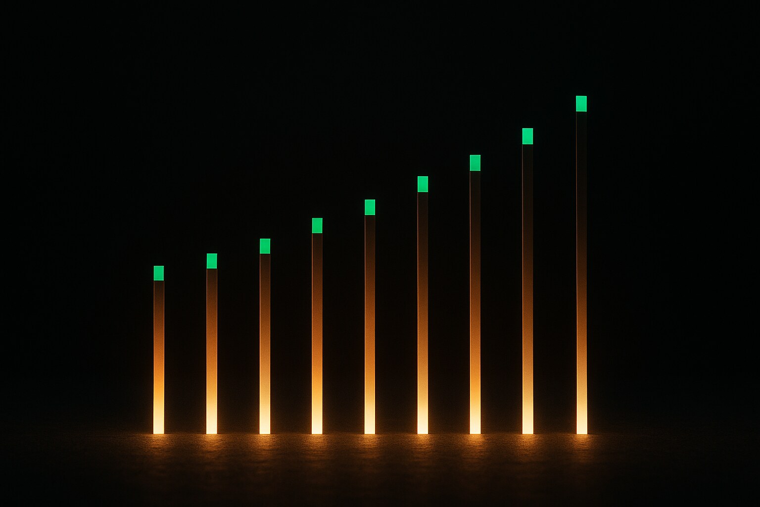 Glowing bars with small green tips of varying height representing different net profit margins by industry