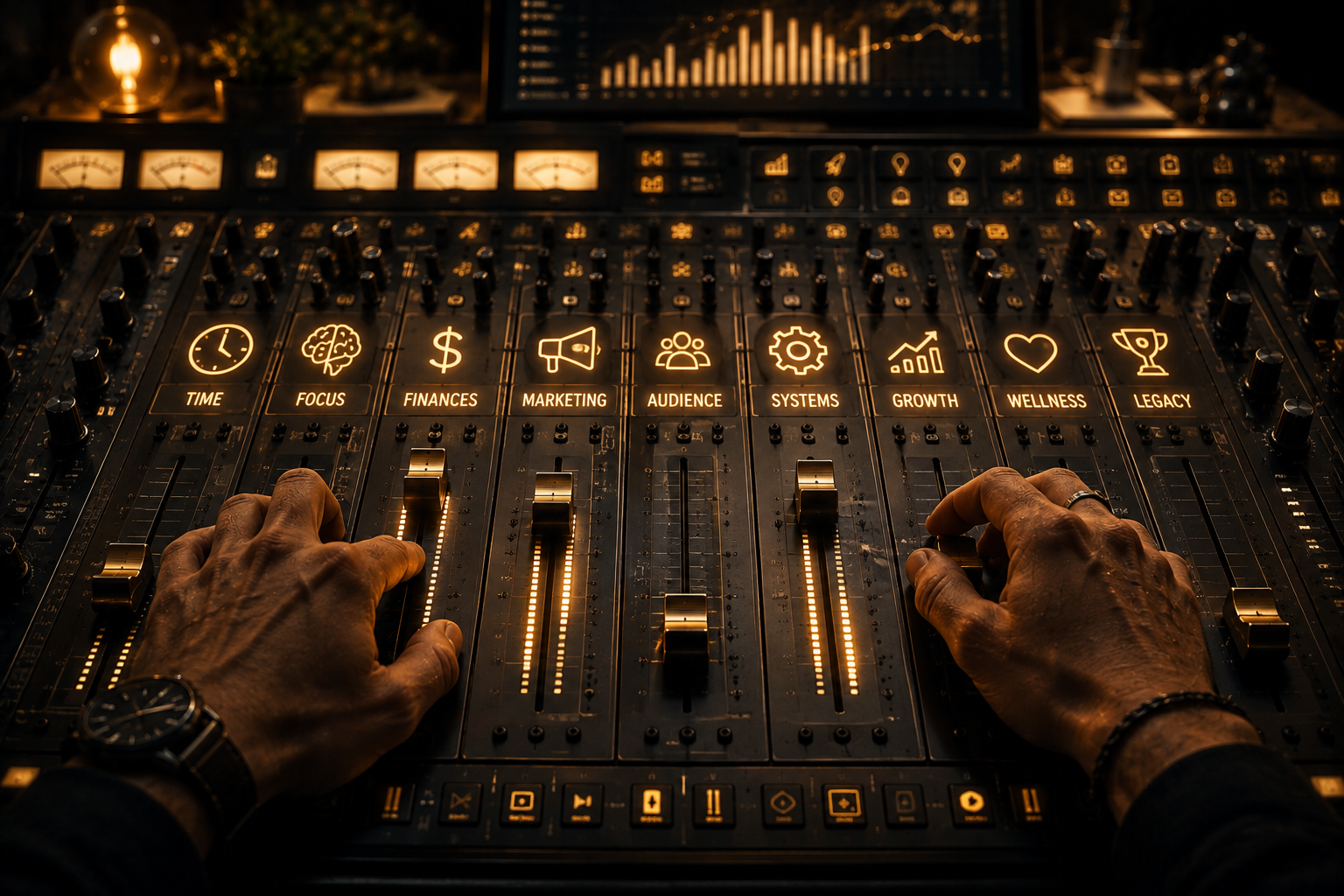 A solopreneur's control panel — every lever represents a system, not a task