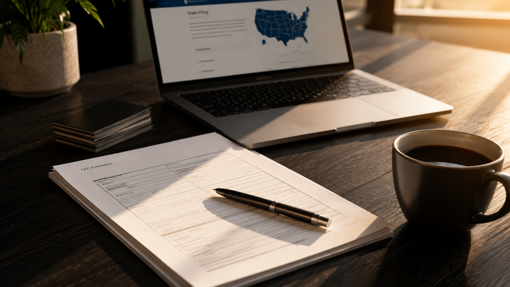 Business formation documents and laptop showing state filing website