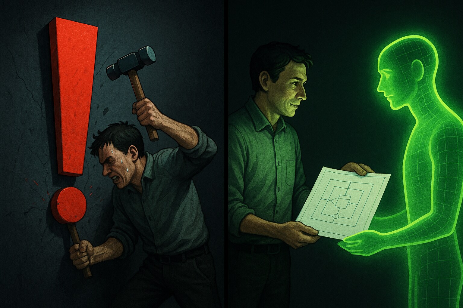 Split image: a man hammering an exclamation mark into a wall versus calmly handing a clear blueprint to an AI figure