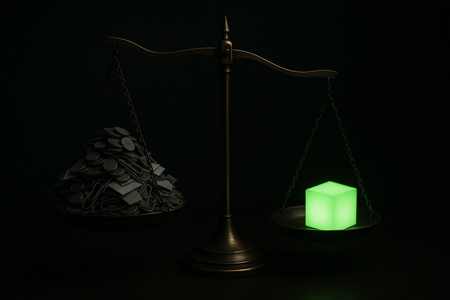 A two-pan scale: a heavy pile of small grey tasks on one side, a single glowing green object of real value weighing more on the other