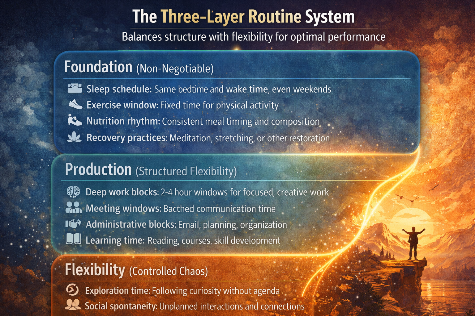 Three-layer routine system diagram showing foundation, production, and flexibility layers