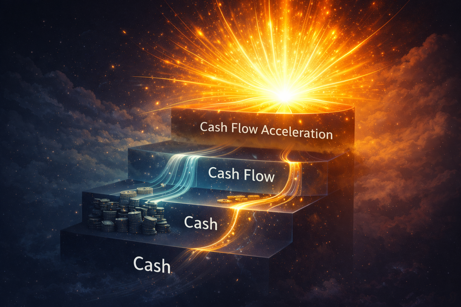 Visual diagram showing cash, cash flow, and cash flow acceleration as three ascending levels