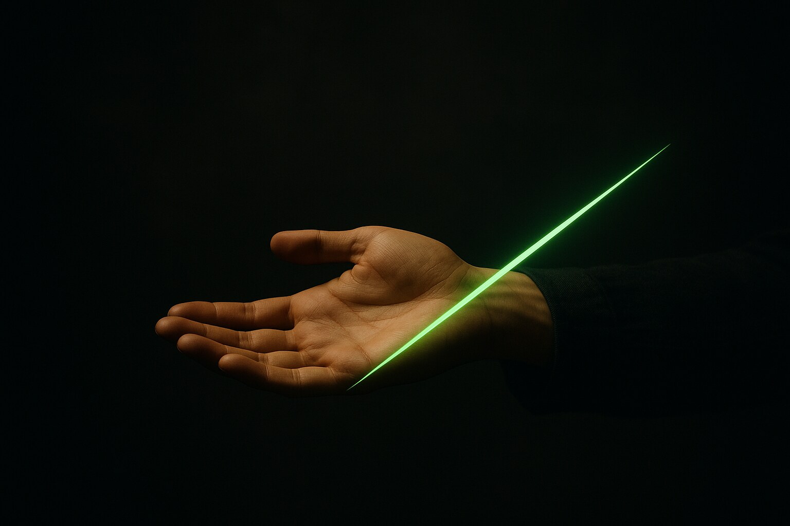 An open, offering hand with a fine glowing green blade of light running along its edge