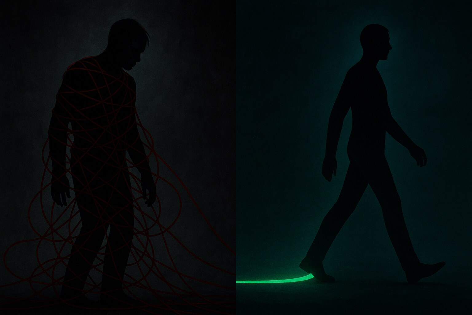 Split image: a silhouette entangled and constricted by dark red threads on the left representing a costly grudge, and the same silhouette walking free and forward with a clean green line trailing behind on the right representing cold profitable strategy